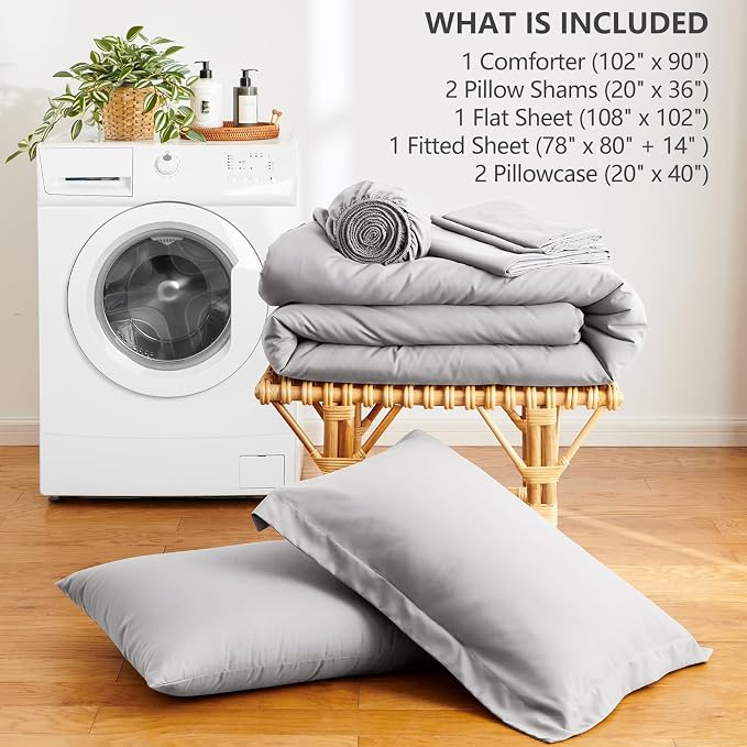 HIMEET King Comforter Set, 7-Piece Point-Quilted Bed in a Bag, French Grey | OEKO-TEX Certified, Lightweight 240 GSM Comforter, Flat Sheet, 14-Inch Deep-Pocket Fitted Sheet, Pillowcases & Shams