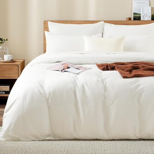 NEXHOME PRO Full Duvet Cover Set – 100% Certified Organic Cotton with Washed Feel & Linen-Like Texture, Comfortable & Breathable, Home Bedding Set Bright White (No Comforter) 8090