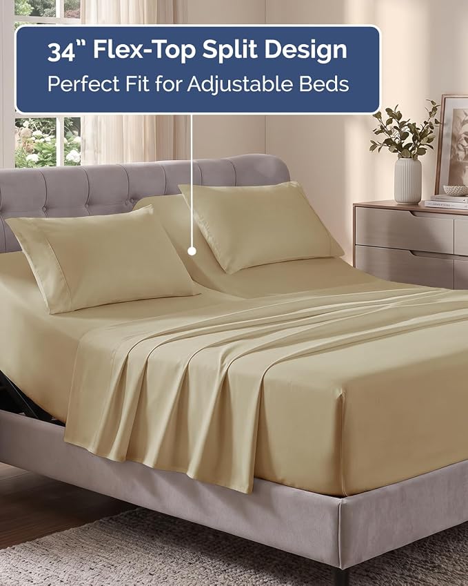 Flex Top Split Head King Sheet Set - 4 Piece Extra Deep Sheets - Beige | Easily Fits 18 to 24 inch Mattress, Ultra Soft, Wrinkle & Fade Free with Extra Deep Pockets, Comfy Hotel Luxury Bedding