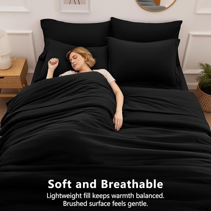 HIMEET California King Comforter Set, 7-Piece Point-Quilted, Black | OEKO-TEX Certified, Lightweight 240 GSM Comforter, Flat Sheet, 14-Inch Deep-Pocket Fitted Sheet, Pillowcases & Shams