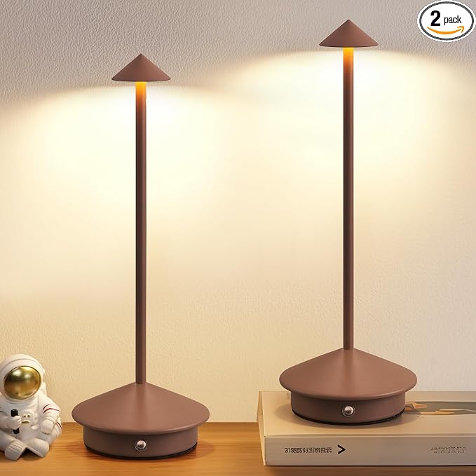 Modern Cordless Table Lamp Set of 2, Brown Portable LED Desk Lamps | 5000mAh, Rechargeable, Battery Operated Lighting for Bedroom, Dining Room, Restaurant, Coffee Shop, Camping, Night Light