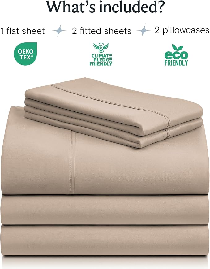 LuxClub 5 PC Split King Sheet Set, Deep Pockets Wrinkle Free Cooling Bed Sheets Hotel Bedding for Women, Men, Includes 2 Fitted Sheet, 1 Flat Sheet and 2 PillowcasesSoft Light Khaki | LuxClub Silky Fitted Sheet & Pillowcase Sets, Breathable Hotel Luxur...