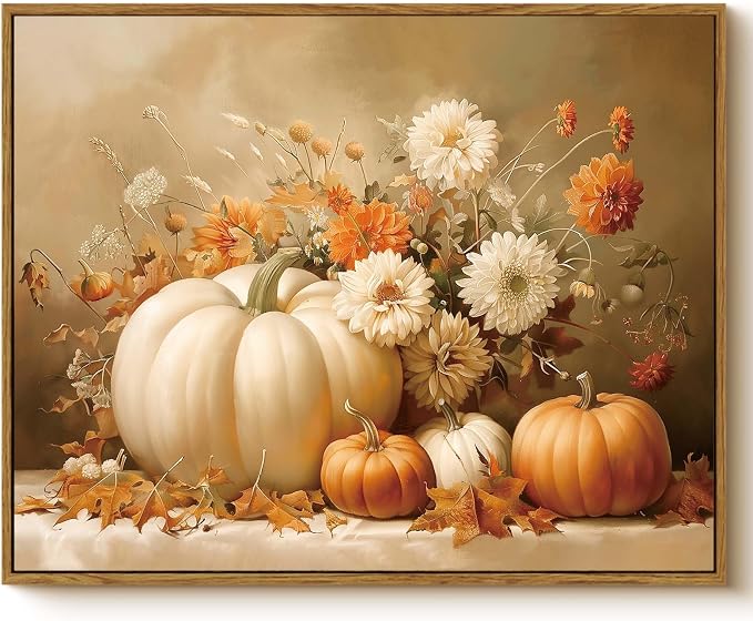 Vintage Thanksgiving Canvas Print White Orange Pumpkins Autumn Floral Leaves, Rustic Framed Fall Pumpkin Flower Still Life Wall Art 16x20, Harvest Farmhouse Kitchen Entryway Decor