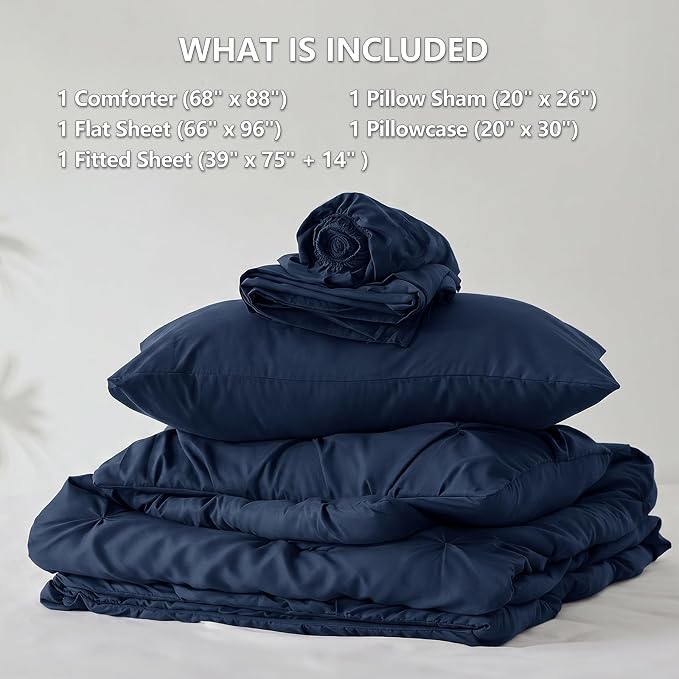 Twin Comforter Set Navy Blue, 5 Pieces Pintuck Bed in a Bag | College Dorm Essentials, OEKO-TEX 100 Certified, 240GSM All Season, Down-Alternative Comforter, Sheets, Pillowcase & Sham