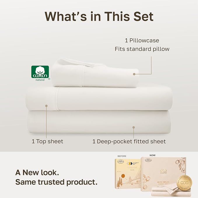 California Design Den Soft 100% Cotton Sateen Twin Bed Sheets Set, 3 Pcs | 400 Thread Count Backed by Good Housekeeping Seal, All-Around Elastic, Easy Care, OEKO-TEX certified - Ivory (Pale Tone)
