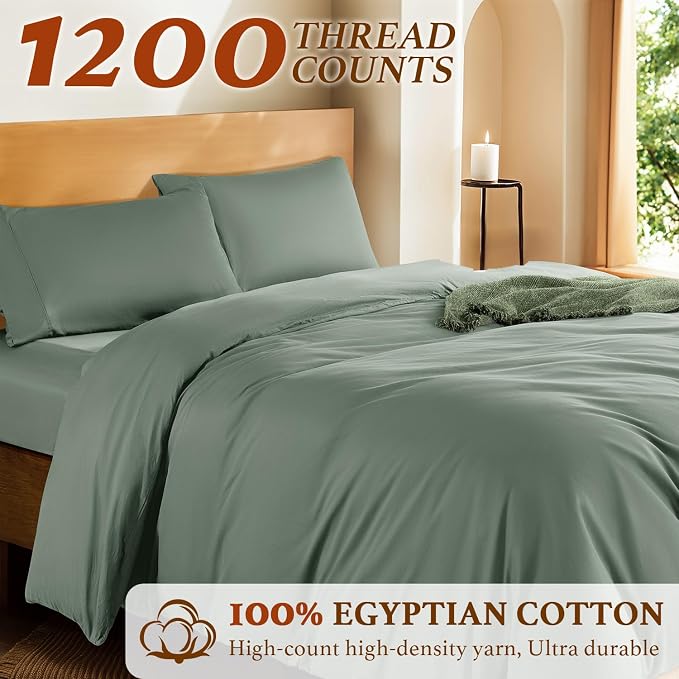 DEITAS 100% Cotton Queen Duvet Covers 3 Piece,1200 Thread Count，Sea Glass | Luxury Egyptian Cotton Comforter Cover With Zipper Closure, Ultra Cooling Breathable, Hotel Bedding Duvet Covers