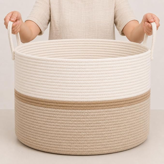 OrganiHaus Round Toy Basket & Blanket Basket, Cotton Rope 20x13" | Striped Honey - Round Cotton Rope Basket, 20x13"