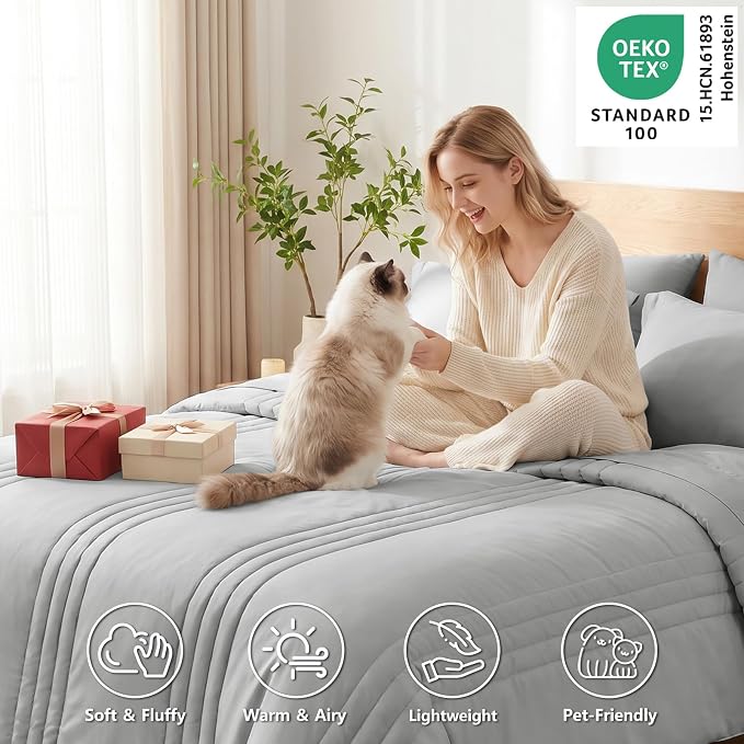 King Size Comforter Set Light Grey- 7 Pieces Bed in a Bag | OEKO-TEX Certified, 240GSM Down-Alternative Comforter, 14" Deep-Pocket Sheets, Shams & Pillowcases, Lightweight