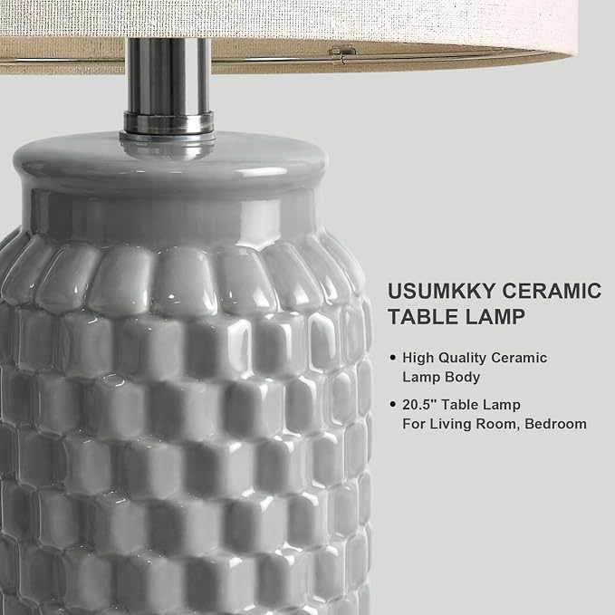 USumkky 20.5" Ceramic Table Lamps Set of 2, Modern Farmhouse Boho Bedside Lamps for Bedroom, Nightstand Lamps for Living Room End Tables, Small Desk Lamps, Grey