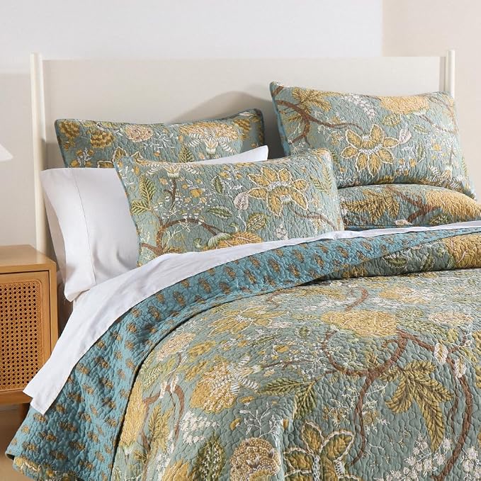 ENASAL Cotton Bedspread Quilt Sets Reversible Bedding Coverlet Sets Comforter, Vintage Floral Farmhouse Pastoral Turquoise Bedspread, Queen Size