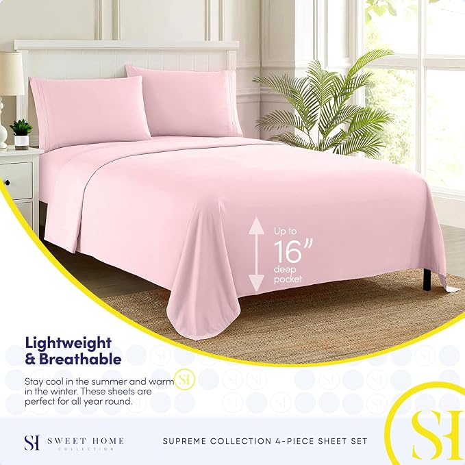Twin Sheets - Breathable Luxury Sheets with Full Elastic & Secure Corner Straps Built In - 1800 Supreme Collection Extra Soft Deep Pocket Bedding Set, Sheet Set, Twin, Pale Pink