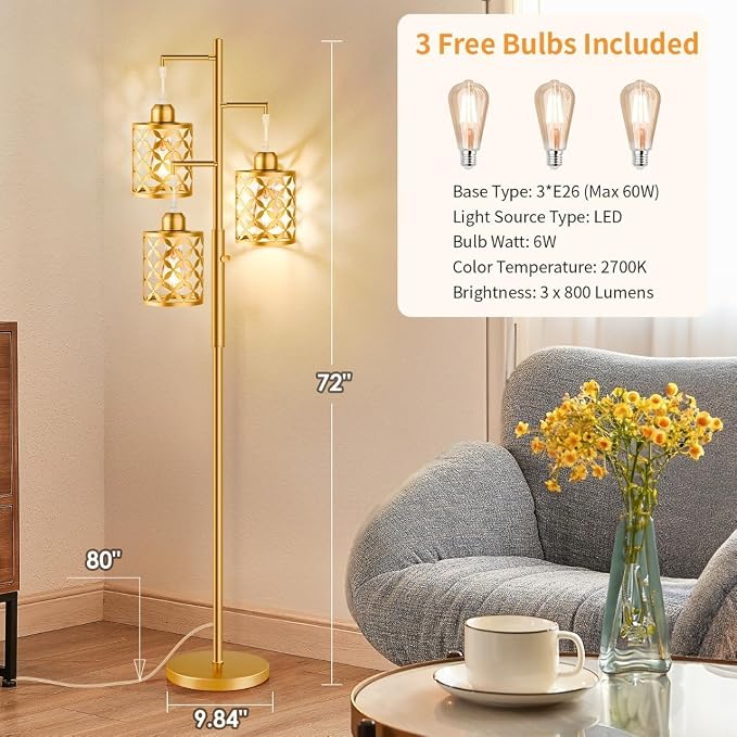 72" Modern Tree Floor Lamp, Dimmable Industrial Tall Standing Lamp with Metal Cages & Rotary Dimmer Knob, Corner Decor Lighting for Living Room Bedroom Cafe, 3 x 800LM Bulbs Included - Gold