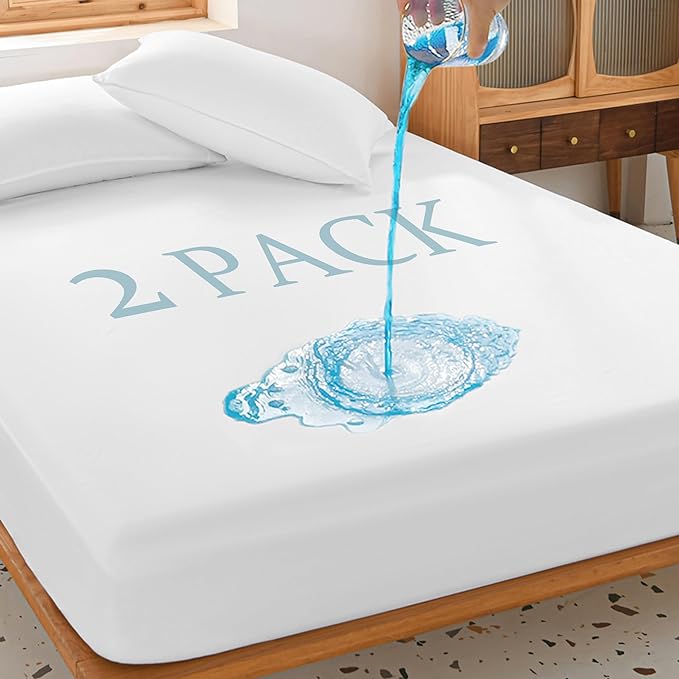 2 Pack King Waterproof Mattress Protector Deep Pocket Mattress Cover, Soft Breathable Mattress Pad, Fitted Noiseless Waterproof Bed Cover Stretch to 25"