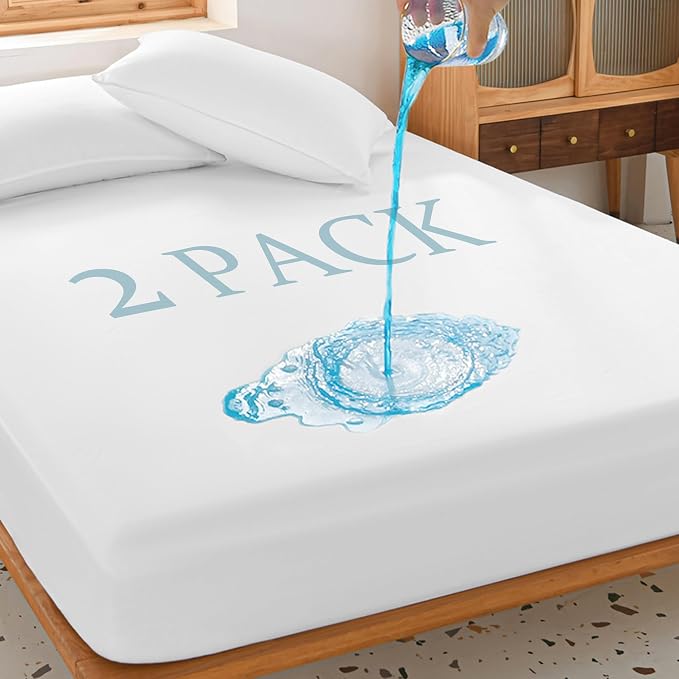 2 Pack Full Waterproof Mattress Protector Deep Pocket Mattress Cover, Soft Breathable Mattress Pad, Fitted Noiseless Waterproof Bed Cover Stretch to 19"