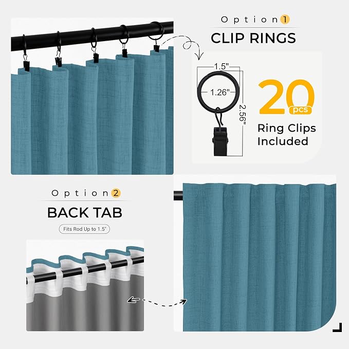 INOVADAY 100% Blackout Curtains for Bedroom, Black Out Curtains 84 Inch Long, Clip Rings Linen Blackout Drapes, Thermal Insulated Room Darkening for Living Room, 2 Panels - Bluesapphir,W50xL84
