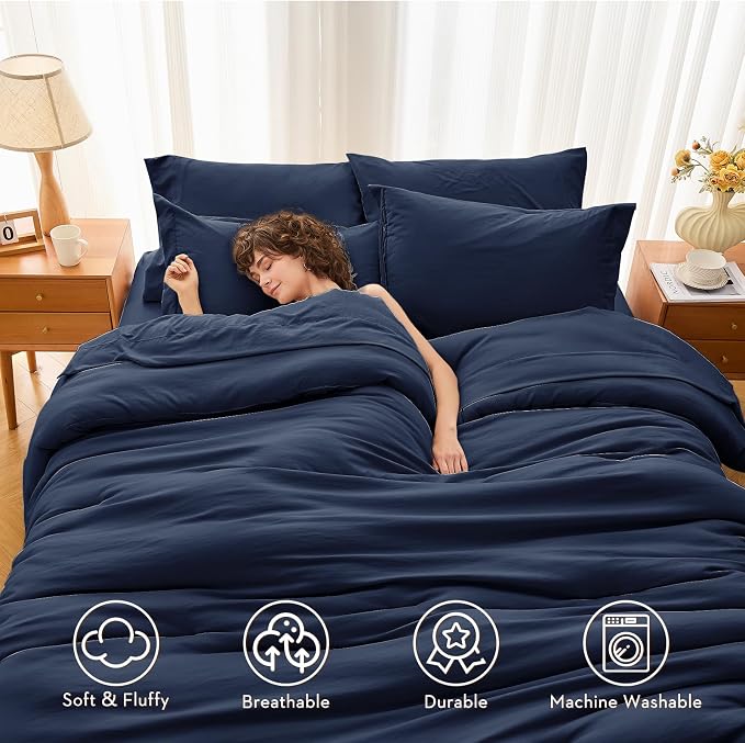 7 Pieces Queen Comforter Set, Soft Bed in a Bag Queen Size, All Season Bedding Set with Comforter, Flat Sheet, Fitted Sheet, Pillowcases & Shams, Navy Blue