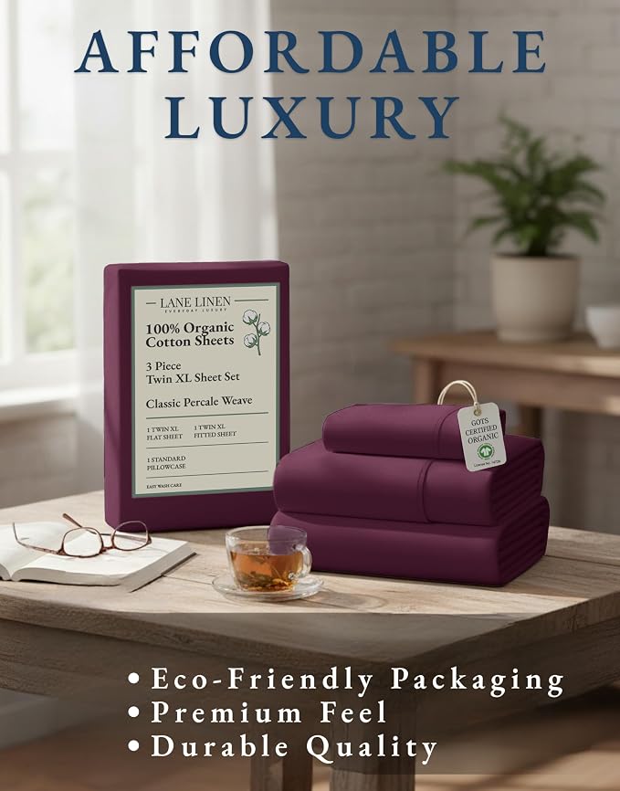 LANE LINEN Twin Sheets 100% Organic Cotton Soft 3pc Percale - Windsor Wine | Twin Sheet Set, Organic Cotton Percale - Best-Value Affordable Luxury, Honest-Price