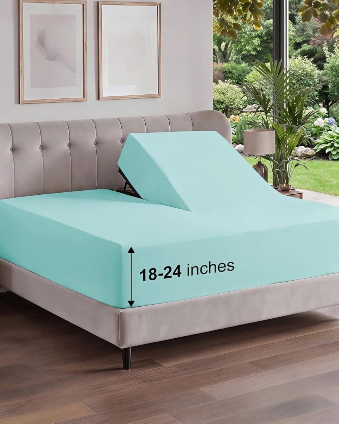 Extra Deep Flex Top Split Head King Fitted Sheet - Hotel Luxury Single Fitted Sheet Only - Easily Fits 18 inch to 24 inch Mattress - Ultra Soft, Wrinkle Free w/Extra Deep Pockets - Spa Blue