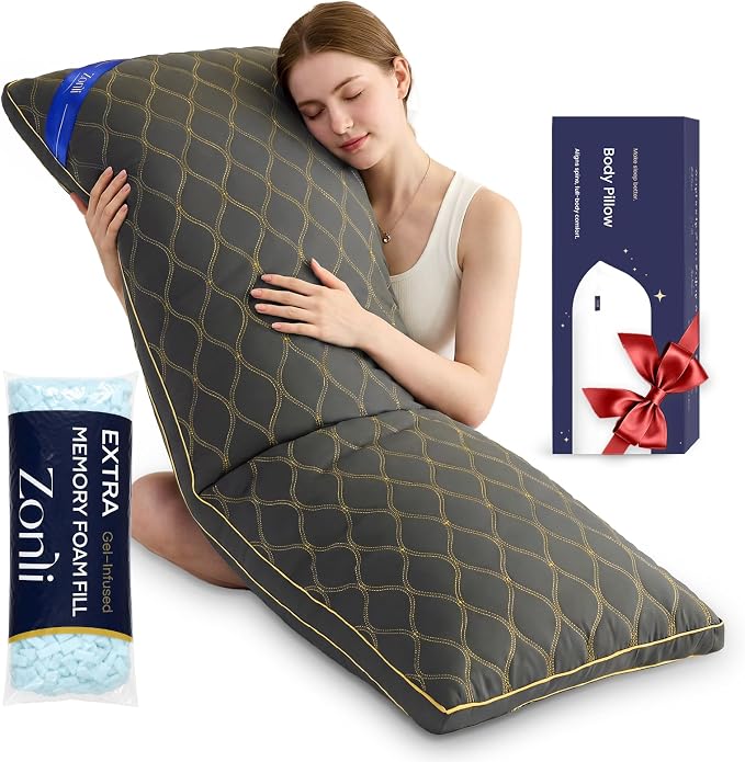 ZonLi Long Body Pillow for Adults, Gold Thread Quilted Gourd Pattern Cover, Soft Durable Adjustable Shredded Memory Foam, Comes with Extra 7 Oz Shredded Foam, Ideal for Side Sleepers, Dark Gray