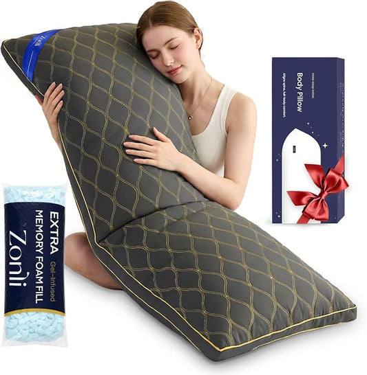 ZonLi Long Body Pillow for Adults, Gold Thread Quilted Gourd Pattern Cover, Soft Durable Adjustable Shredded Memory Foam, Comes with Extra 7 Oz Shredded Foam, Ideal for Side Sleepers, Dark Gray
