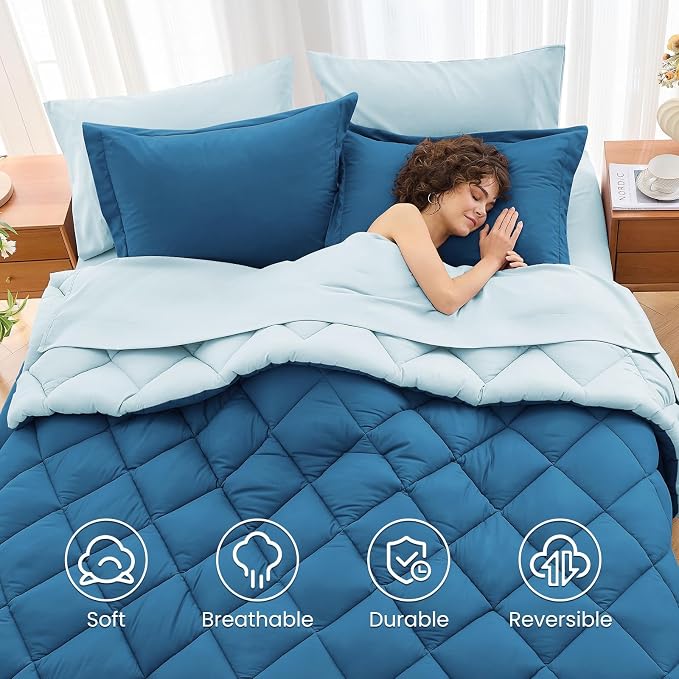 7 Pieces Queen Comforter Set, Reversible Bed in a Bag Queen Size, All Season Bedding Set with Comforter, Flat Sheet, Fitted Sheet, Pillowcases & Shams, Teal & Lake Blue