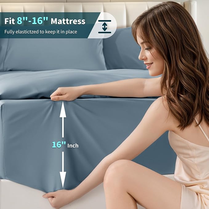 LBRO2M 100% Egyptian Cotton Sheets 1200 TC, Deep Pocket 16", 4Pcs, Queen | Long Staple Cotton Bed Sheets, Extra Soft and Breathable Sheets, Cozy for All Seasons, French Blue