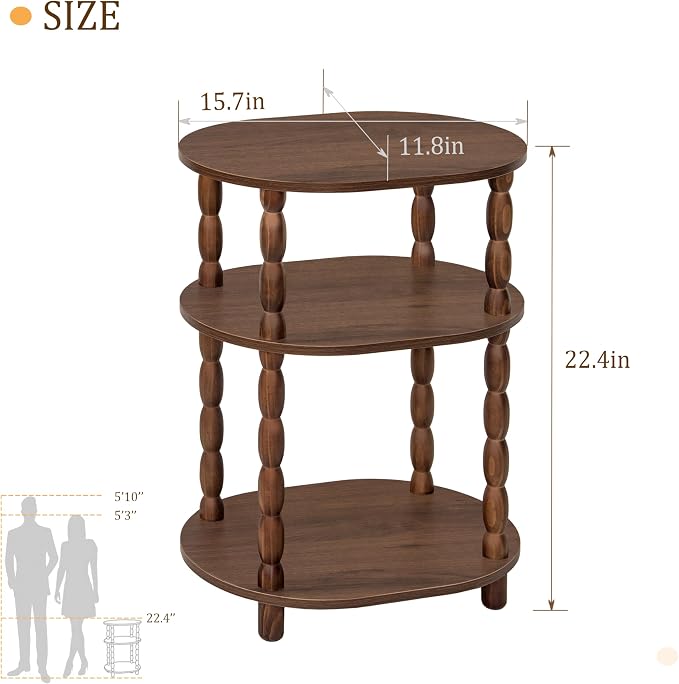 MaxSmeo Small Side Table, 3-Tier Small End Table, Modern Oval Night Stand Accent Table for Living Room, Bedroom, Walnut Brown