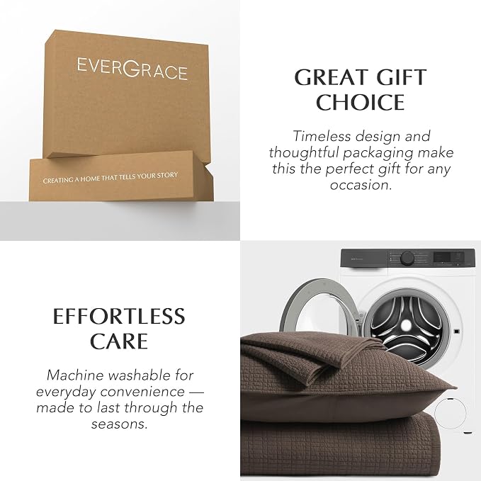EverGrace 100% Cotton Modern Grid Stitch Quilt Set, Queen Size, Dark Brown | Pre-Washed Cotton Coverlet Bedspread, Oversized Lightweight 3-Piece Bedding Set for All Season, with 2 Pillow Shams
