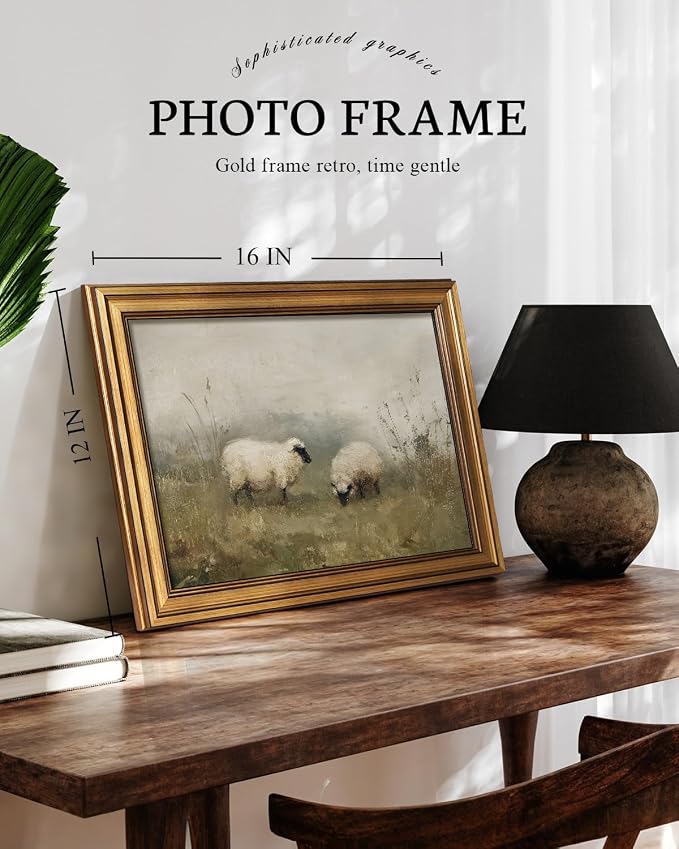 VIYYIEA Vintage Gold Framed Wall Art for Living Room, Sheep Canvas Prints Home Decor, Oil Painting Picture, Bedroom Wall Decor Gifts for Friends or Family -【Valais Blacknose Sheep】-(16L x 12W)