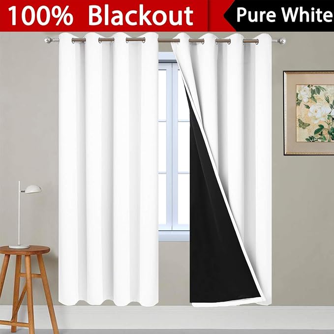 Yakamok Pure White 100% Blackout Curtains 72 Inches Long 52" Wide 2 Panel | Blackout Curtain Panels for Bedroom, 2 Thick Layers Grommet Top Thermal Insulated Drapes with Black Liner for Living Room
