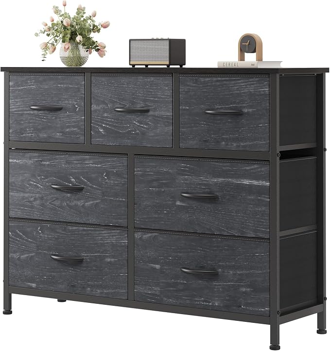 Sweetcrispy 7 Drawer Dresser for Bedroom Storage with Fabric Bins | Anti-Tip Closet Organizer, Wooden Top, Steel Frame, Spacious Drawer for Clothes Storage, Hallway Entryway, Black Wood Grain