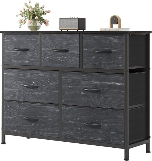 Sweetcrispy 7 Drawer Dresser for Bedroom Storage with Fabric Bins | Anti-Tip Closet Organizer, Wooden Top, Steel Frame, Spacious Drawer for Clothes Storage, Hallway Entryway, Black Wood Grain