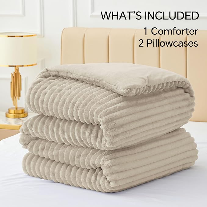BEDELITE Fleece King Comforter Set, Fluffy Bed Set, Linen | Super Soft & Warm Bedding, Luxury Fuzzy Faux Fur Comforter for Winter, Heavy Plush Bedding, with 2 Pillowcases