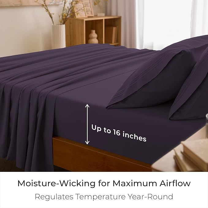 Mellanni Iconic 4-Piece, Ultra Soft Sheet Set (Queen, Purple) | 10M+ Sleepers. Lab-tested: Sleeps Cool, Stays Bright, Strong, Smooth. Good Housekeeping Best Bedding, 7 yrs running.