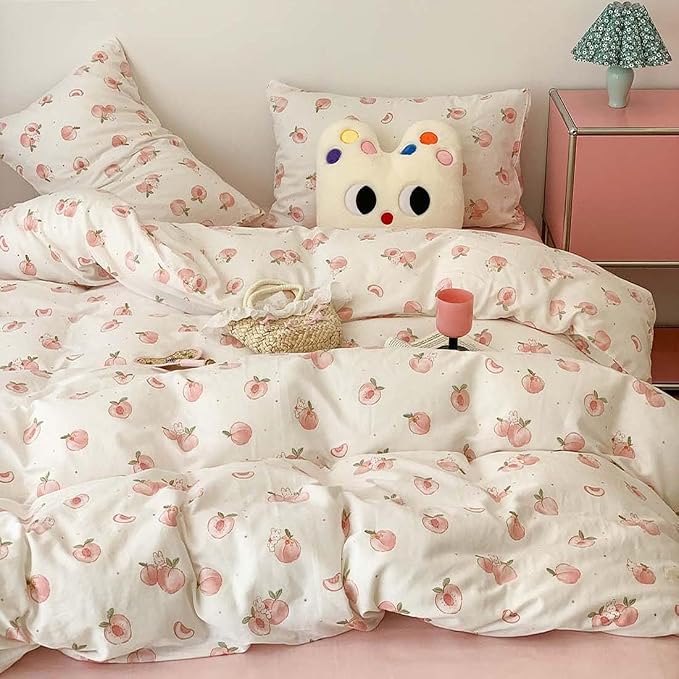Nayoroom Pink Peach Duvet Cover Twin Size Kawaii Fruit Peaches Rabbit Printed on White Comforter Cover 2Pcs Kids Girls Soft Breathable Microfiber Cute Cartoon Bedding Set with Zipper Closure