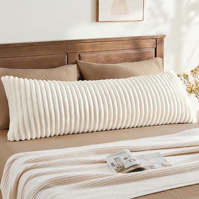 BEDELITE Fluffy Striped Body Pillow Cover with Zipper, Cream White, 20x54 | Ultra-soft Faux Fur with 13D Striped Texture, Comfy, Plush, and Cloud-like, Body Pillow Pillowcase for Bed Couch Room Decor