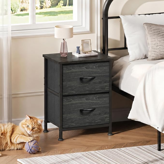 WLIVE Night Stand, Small Dresser with 2 Drawers & Wooden Top, Nightstand with Fabric Bins, Bedside Table End Table for Bedroom, Closet, Entryway, College Dorm, Charcoal Black | Nightstand with Fabric Bins, Bedside Table End Table for Bedroom, Kids Room