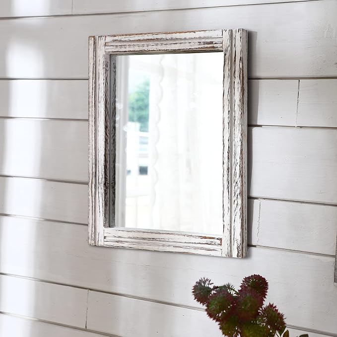 AAZZKANG Rustic Wall Mirror Rectangle Wood Framed Large 20"x16" | Decorative Hanging Mirrors for Bedroom Bathroom Living Room Home Entryway White