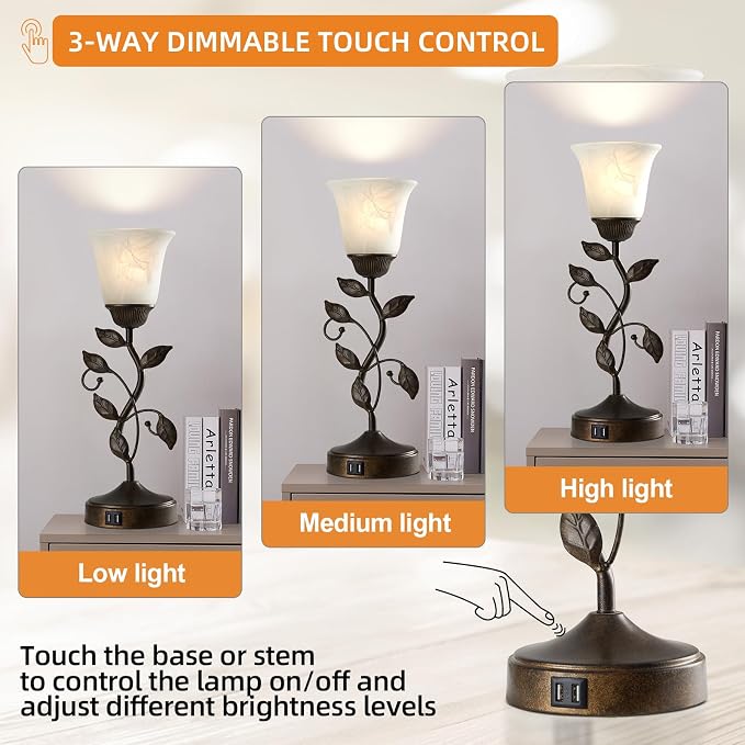 Touch Bedside Table Lamp for Living Room with 2 USB C+A Ports | 3 Way Dimmable Leaf Lamp Retro Vintage Nightstand Table Lamp for Bedroom with White Glass shade, LED Bulb Included