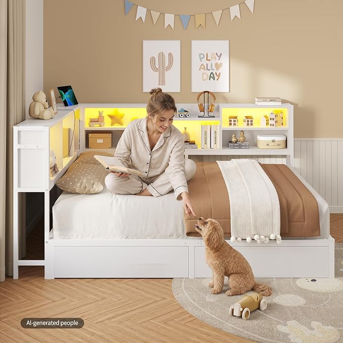 DICTAC Queen Corner Bed Frame with Storage Bookcase and 2 Drawers,Platform Corner Bed Frame Queen Size with LED Lights & Charging Station,Metal Daybed for Teens/Adult with Storage,Saving Space,White