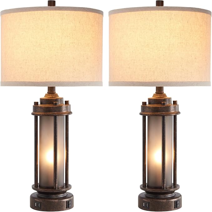 AIEAMPDO Set of 2 Farmhouse Table Lamps for Living Room with USB C+A Ports | Rustic Vintage Bedroom Nightstand Lamp, Built-In Frosted Glass Night Light for End Table Entryway, 4 Bulbs Included (Bronze)
