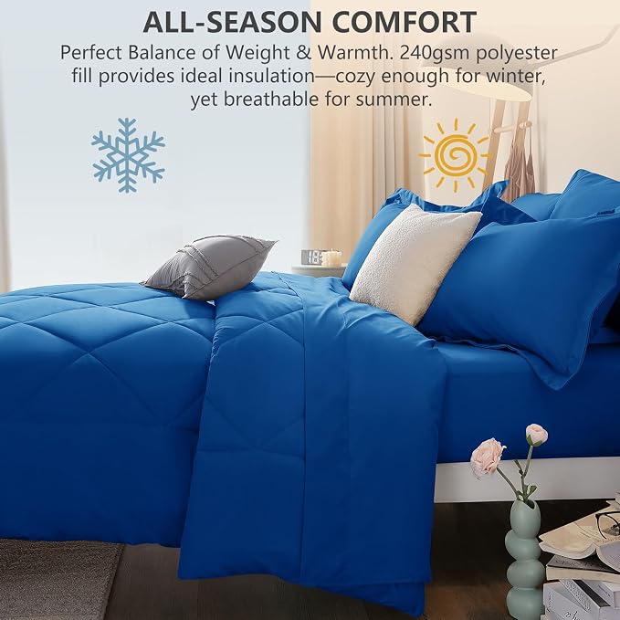 King Size Comforter Set Classic Blue - 7 Pieces Bed in a Bag | OEKO-TEX Certified, All Season, 240GSM Down-Alternative Comforter, Sheets, Pillowcases & Shams, 14" Deep Pocket, Easy Care