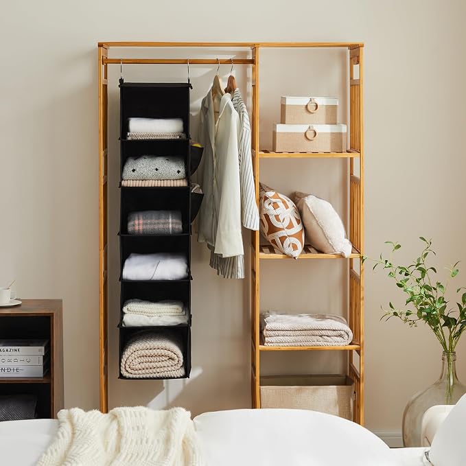 YOUDENOVA Hanging Closet Organizer and Storage, 6-Shelf, Black | Breathable Fabric, 2 Side Pockets, Clothes Organizer, Hanging Shelves, Closet Storage, College Dorm Room Essentials for Guys