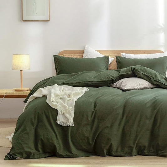 BESTOUCH Cotton Solid Duvet Cover Set Linen Feel Olive Green King | 100% Washed Cotton, Soft Wrinkle Texture, Hidden Zipper, 8 Ties, Breathable Lightweight Durable Comfy, 3 Pcs No Insert