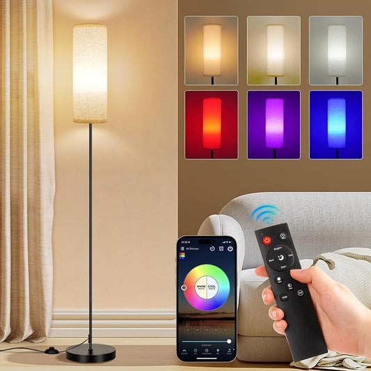 FRIDEKO HOME Floor Lamp, 9W 800LM Color Changing Smart Bulb, Beige Shade | Music Sync Light, App & Remote Control, Dimmable & Adjustable Color Temperature Standing Lamp for Living Room Bedroom Gaming