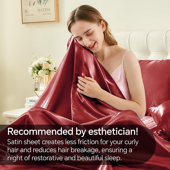 BEDELITE Satin Sheets King Size Bed Set, Burgundy, 4 Pieces | Luxury Silky Bed Sheets, 15 Inch Deep Pocket, Similar to Silk, Soft and Cooling, Reduces Friction, Gentle on Hair and Skin
