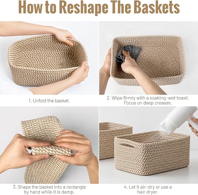 5 Pack Small Woven Storage Baskets for Shelves, Gift Baskets Empty | 11.8"x7.9"x4.7", Decorative Cotton Rope Baskets Organizer, Soft Storage Bins for Organizing Bathroom, Closet, Nursery, Khaki