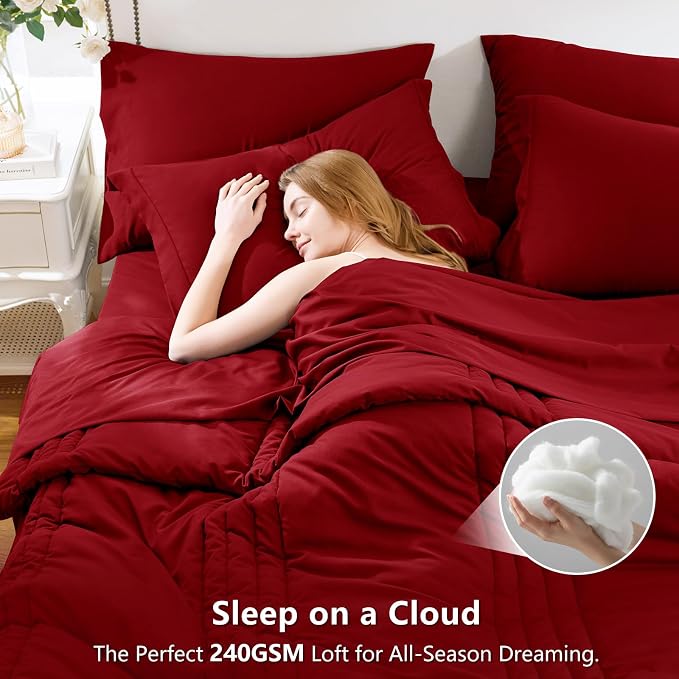 Full Size Comforter Sets Dark Red- 7 Pieces Bed in a Bag | OEKO-TEX Certified, 240GSM Down-Alternative Comforter, 14" Deep-Pocket Sheets, Shams & Pillowcases, Lightweight