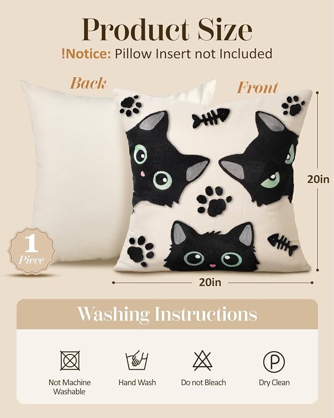 Embroidered Throw Pillow Cover 20x20 Inch, Cat Bone | Decorative Pillow Cover, Whimsical Cushion Case with Hidden Zipper, Cottagecore Decor for Couch, Sofa, Living Room, Bedroom