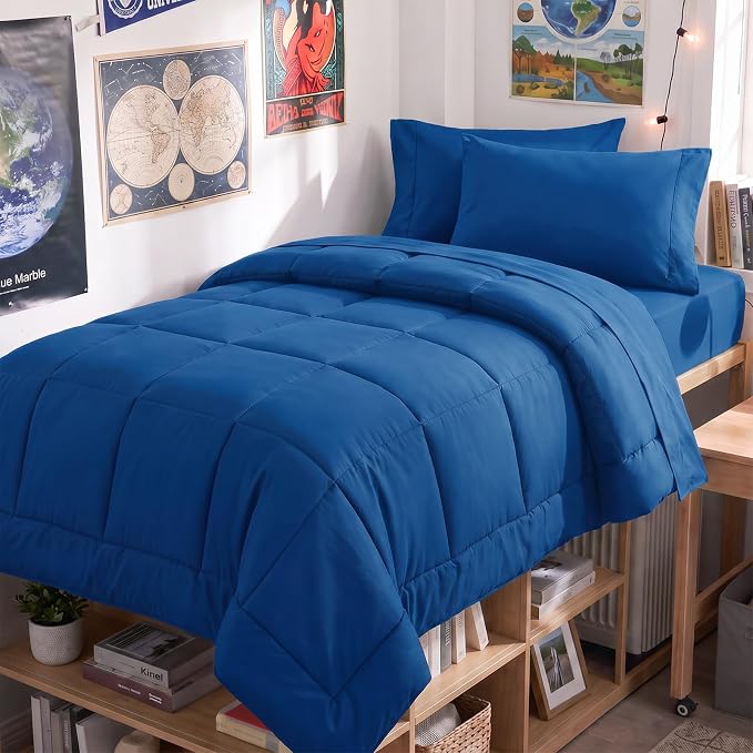 Twin XL Comforter Set Classic Blue - 5 Pieces Twin XL Bed in a Bag | College Dorm Essentials, OEKO-TEX Certified, All Season, Down-Alternative Comforter + Flat & Fitted Sheets + 2 Pillowcases